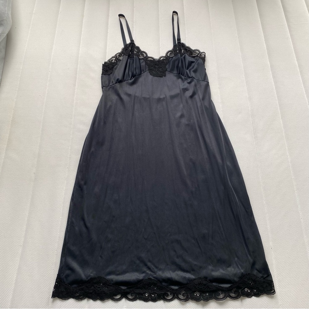 Black Lace-Trim Satin Slip Nightgown